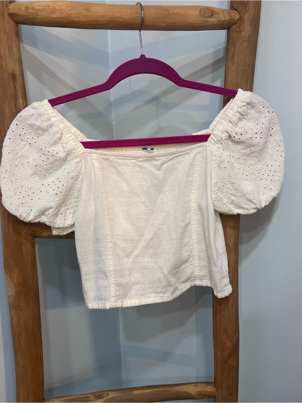 Eyelet Puff Pineapple detail Sleeve Smocked Back Top Ivory White Girls 10/12